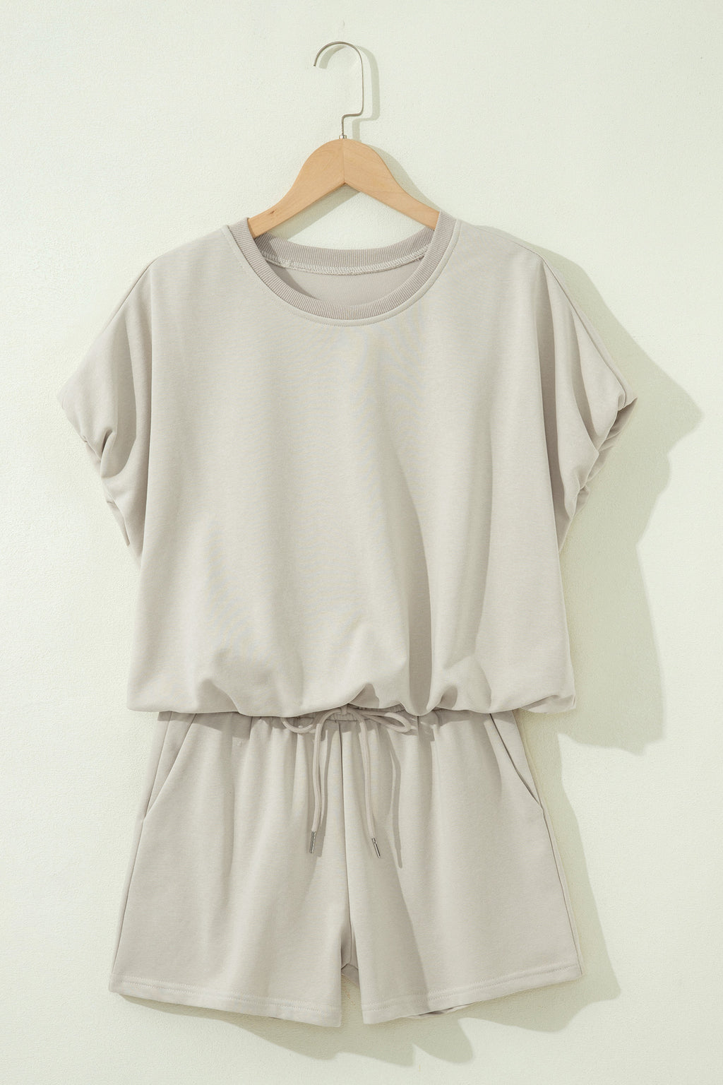 Solid Colour Puffy Loose Top Drawstring Shorts 2pcs Outfit