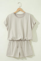 Solid Colour Puffy Loose Top Drawstring Shorts 2pcs Outfit