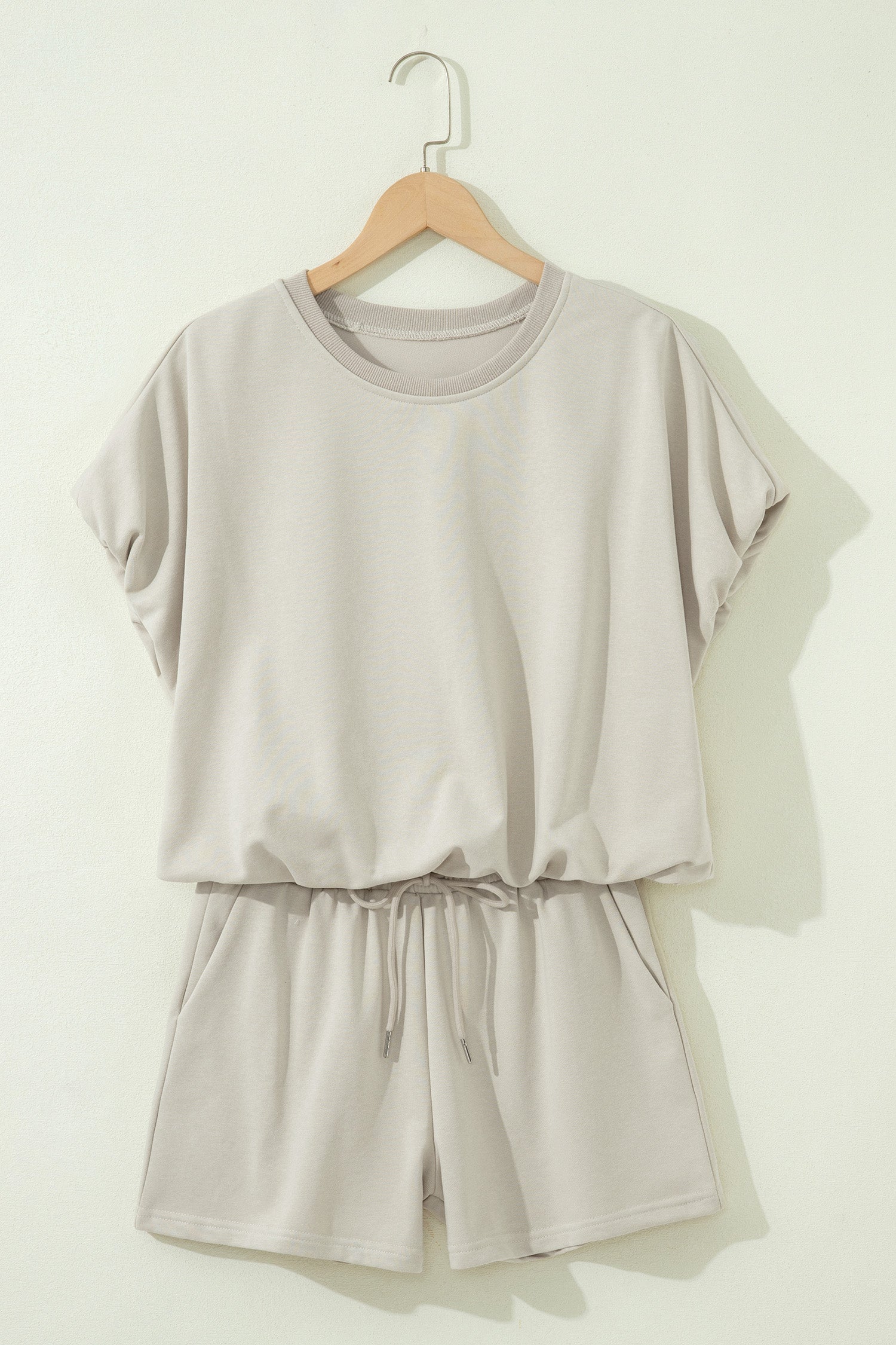 Solid Colour Puffy Loose Top Drawstring Shorts 2pcs Outfit