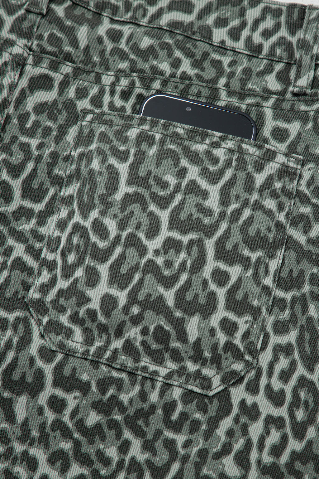 Grey Leopard Frayed Edge Wide Leg High Waist Jeans