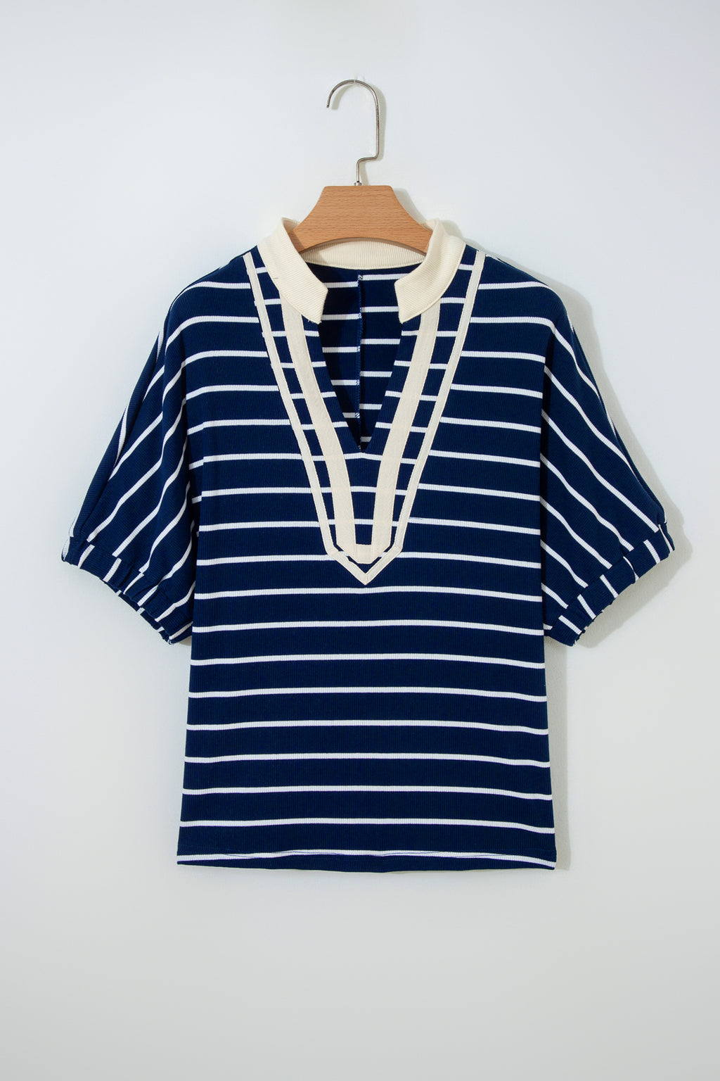 Stripe Stand Collar V Neck Elastic Cuffs Half Sleeve Dolman Top