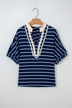 Stripe Stand Collar V Neck Elastic Cuffs Half Sleeve Dolman Top