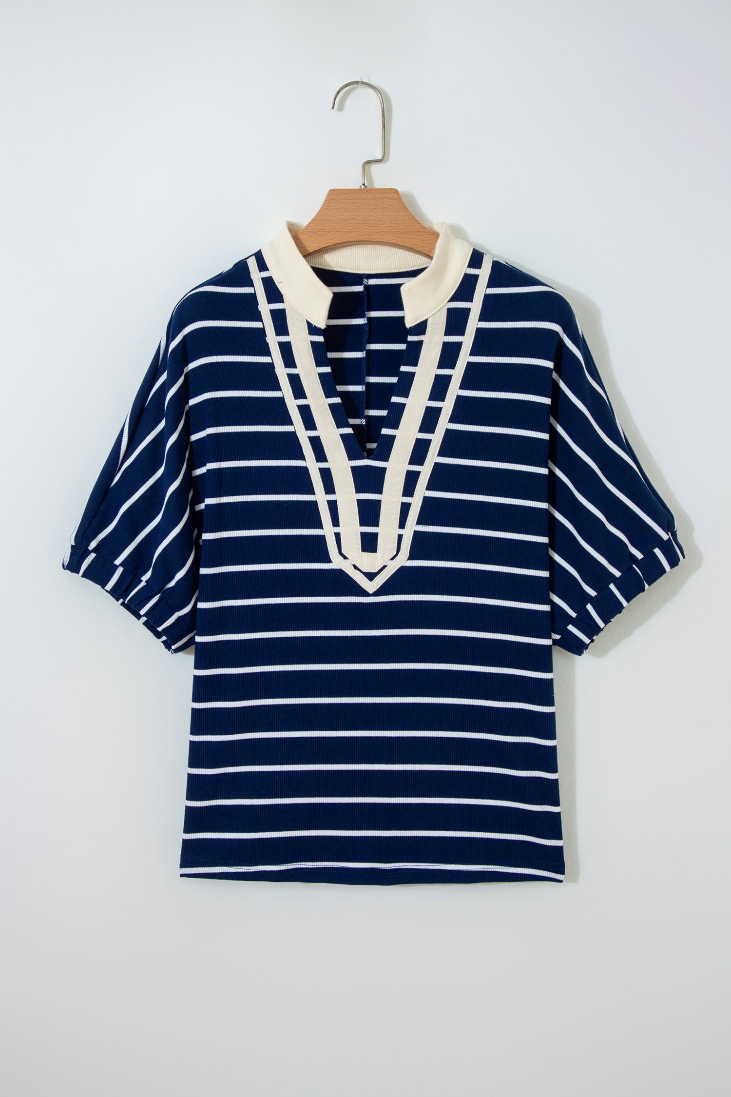 Stripe Stand Collar V Neck Elastic Cuffs Half Sleeve Dolman Top