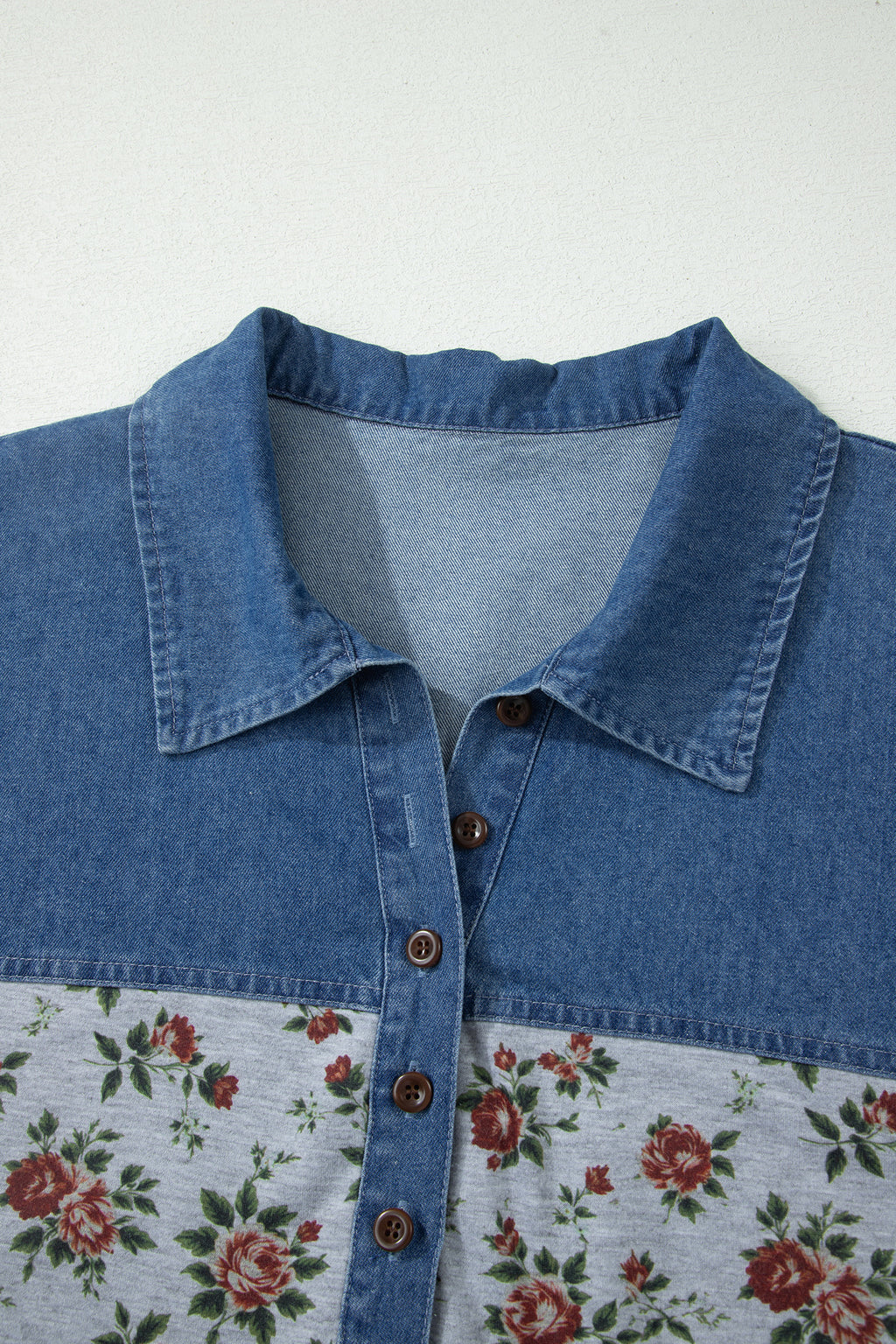 Grey Retro Floral Print Denim Patchwork Plus Size Polo Tee