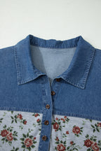 Grey Retro Floral Print Denim Patchwork Plus Size Polo Tee