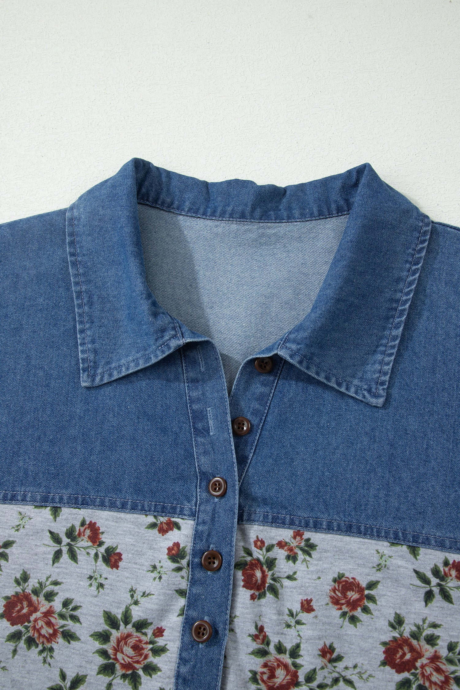 Grey Retro Floral Print Denim Patchwork Plus Size Polo Tee