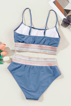 Dusk Blue Colorful Stitch Border Detail 2pcs High Waist Bikini Swimsuit