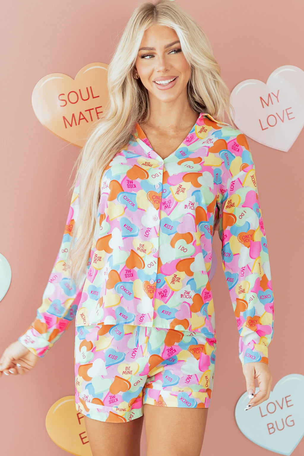 Pink Valentines Candy Heart V Neck Collared Tunic Shirt and Shorts 2pcs Pyjama Set