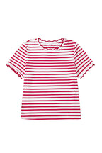 Red Stripe Scalloped Trim Round Neck T Shirt