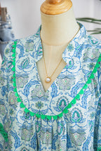 Sky Blue Boho Paisley Print Contrasted Patchwork Detail Bracelet Sleeve Loose Mini Dress
