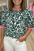 Damask Print Ruffled Colour Block Detail Half Sleeve Blouse