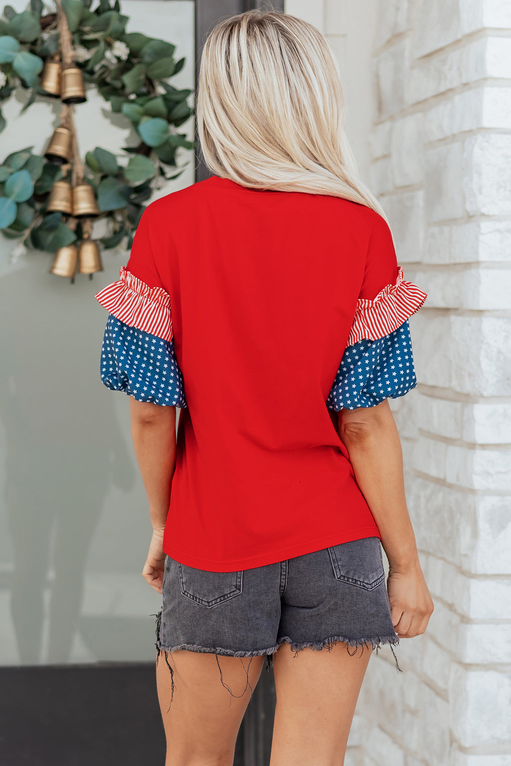 Beau Blue Stars Stripes Short Puff Sleeve Top