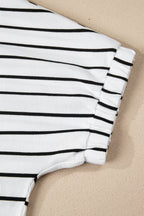 Stripe Stand Collar V Neck Elastic Cuffs Half Sleeve Dolman Top