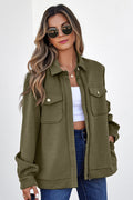 Solid Color Zip Up Button Flap Pocket Shirt Collar Jackets