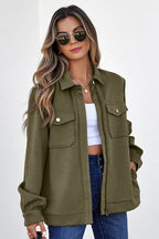 Solid Color Zip Up Button Flap Pocket Shirt Collar Jackets