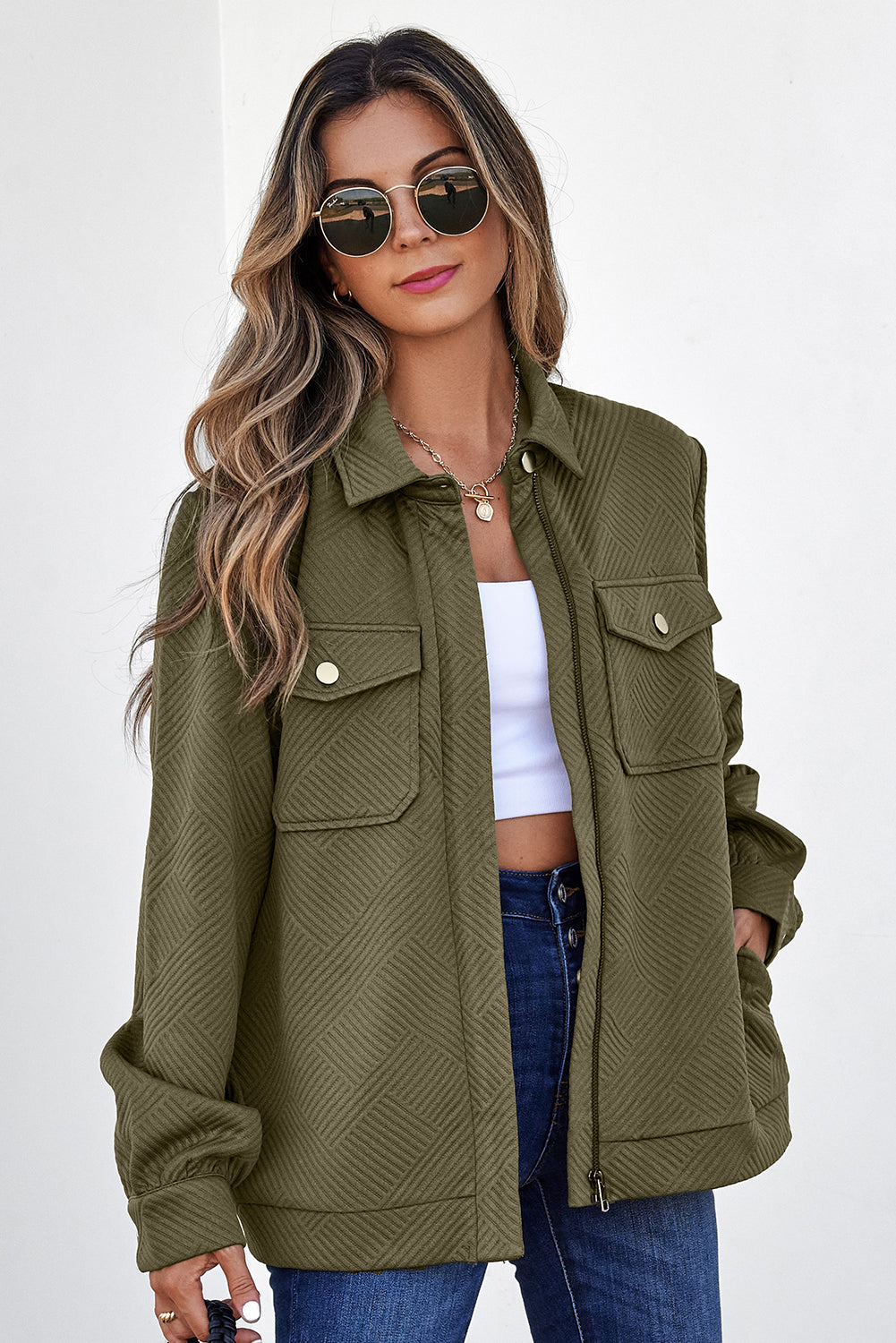 Solid Color Zip Up Button Flap Pocket Shirt Collar Jackets