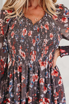 Brown Frilly Smocked Bodice Floral Mesh Long Sleeve Mini Dress