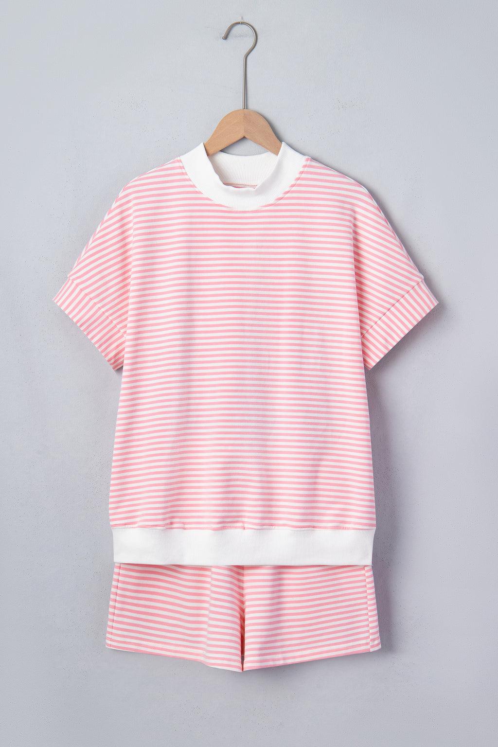 Striped Cuffed Sleeve Contrast Mock Neck Tee Casual 2pcs Short Set