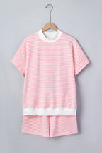 Striped Cuffed Sleeve Contrast Mock Neck Tee Casual 2pcs Short Set