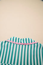 Green Stripe Contrast Ricrac Trim Long Sleeve Shirt Drawstring Ruffled Pyjama Short Set
