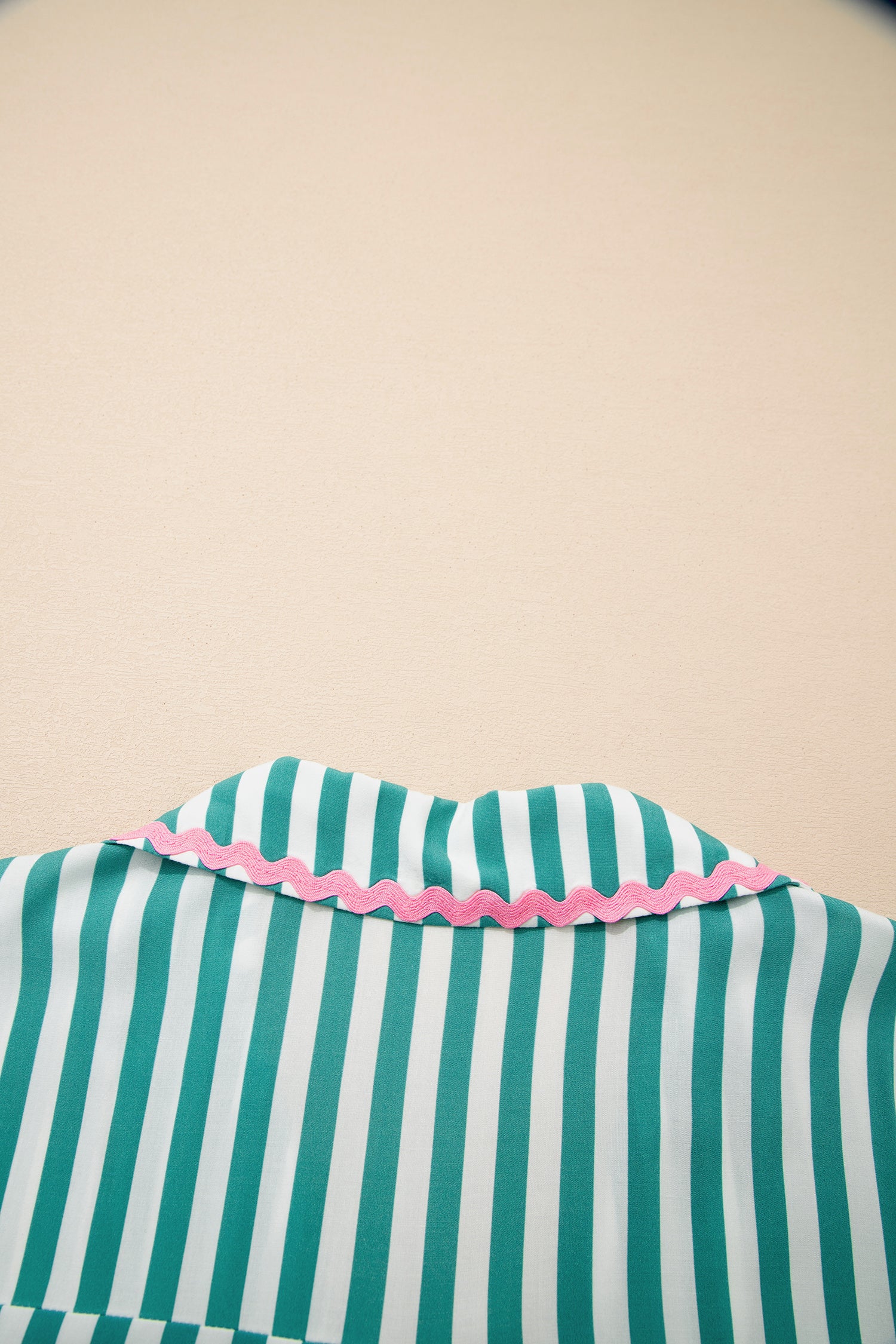 Green Stripe Contrast Ricrac Trim Long Sleeve Shirt Drawstring Ruffled Pyjama Short Set