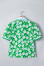 Green Flower Printed Contrast Patchwork Collar Short Sleeve Blouse