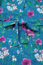 Blue Floral Flutter Sleeve Button Tie Split Neck Belted Long Dress