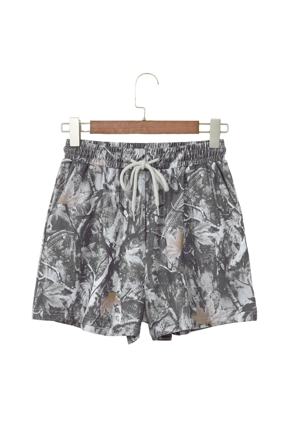 Grey Abstract Maple Leaf Printed Tie Elastic Waist Shorts