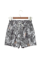 Grey Abstract Maple Leaf Printed Tie Elastic Waist Shorts