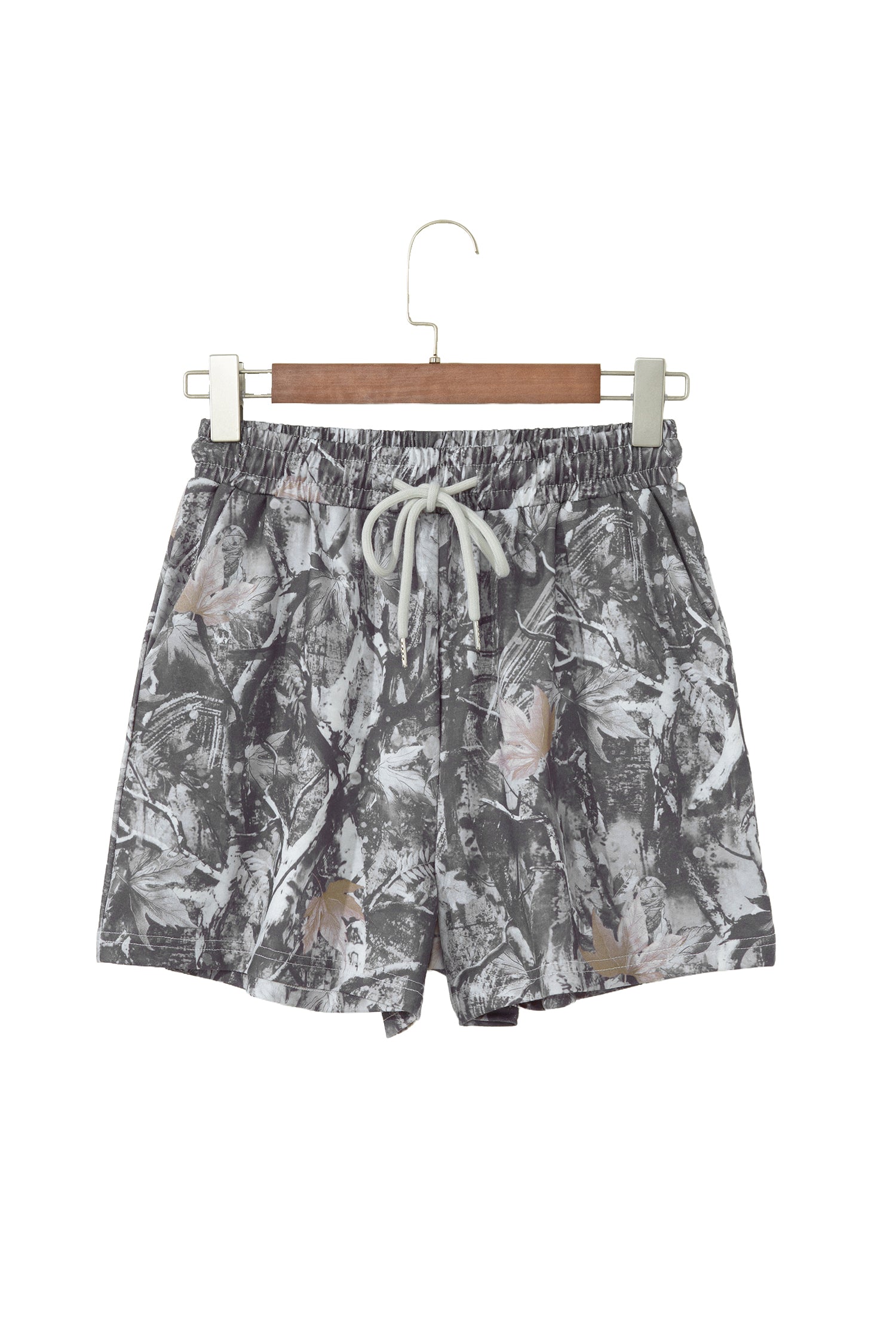 Grey Abstract Maple Leaf Printed Tie Elastic Waist Shorts
