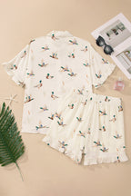 Beige Mallard Print Shirt Style Short Two Piece Set