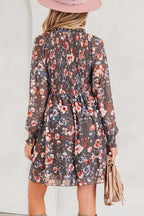 Brown Frilly Smocked Bodice Floral Mesh Long Sleeve Mini Dress