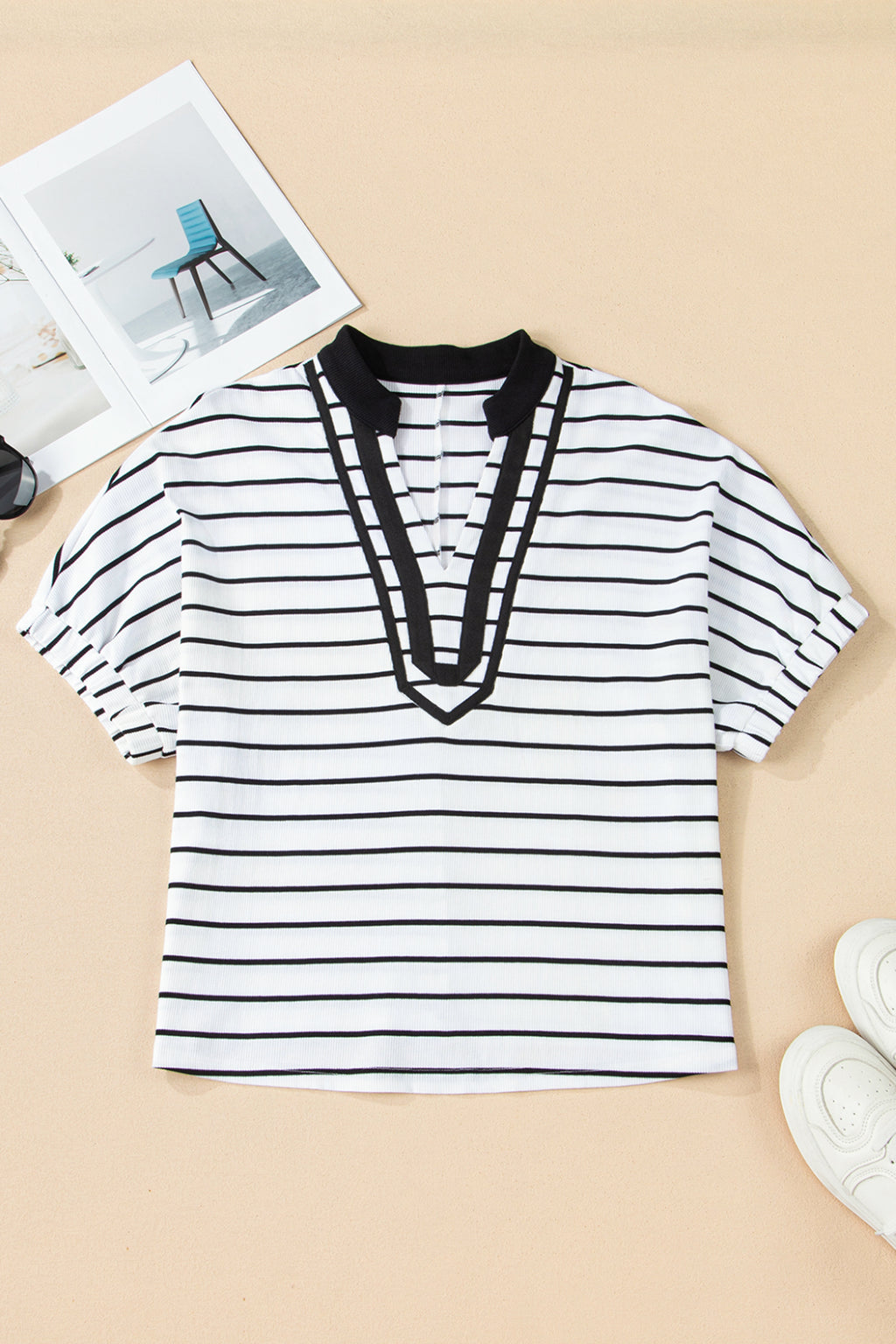 Stripe Stand Collar V Neck Elastic Cuffs Half Sleeve Dolman Top