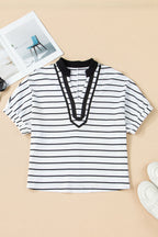 Stripe Stand Collar V Neck Elastic Cuffs Half Sleeve Dolman Top