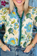 Sky Blue Plus Size Frilled V Neck Short Sleeve Floral Blouse