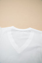 White Eyelet Embroidered Flutter Sleeve Patchwork V Neck Tee