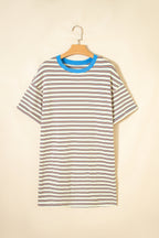 White Stripe Drop Shoulder Cuffed Sleeve Loose Tunic T Shirt Mini Dress