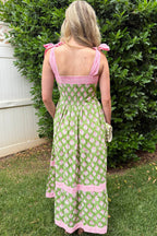 Green Floral Print Striped Detail Knot Straps Maxi Dress