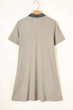 Beige Short Sleeve Ribbed Knit Denim Patchwork Polo Collar Dress