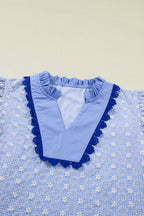 Eyelet Embroidered Flower Texture Contrast Lace Trim Flutter Sleeve Blouse