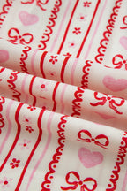 Red Sweet Floral Heart Bow Print Contrast Trim Long Sleeve Shirt Pyjama Short Set