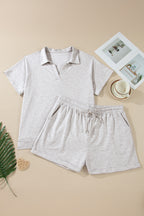 Light Grey Plus Size Solid V-Neck Short Sleeve Elastic Waist Two-Piece Set