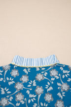 Blue Striped Trim Half Buttons Short Sleeve Floral Dress
