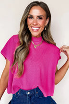 Bright Pink Solid Color Lightweight Ribbed Knit Mock Neck Sweater
