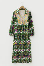 Green Plus Size Mixed Floral Patchwork V Neck Bracelet Sleeve Maxi Dress