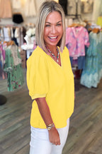 Solid Colour V Neck Short Puff Sleeve Blouse