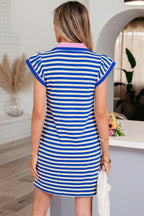 Stripe Print Contrast Collar Split Neck Flutter Sleeve Short Dress