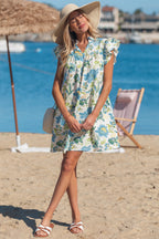 Beige Floral Print V Neck Triple Ruffle Short Sleeve Shift Mini Dress
