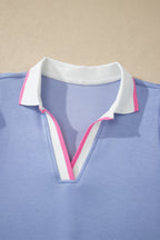 Preppy Striped Trim V Neck Polo Tee Drawstring Skirt Set