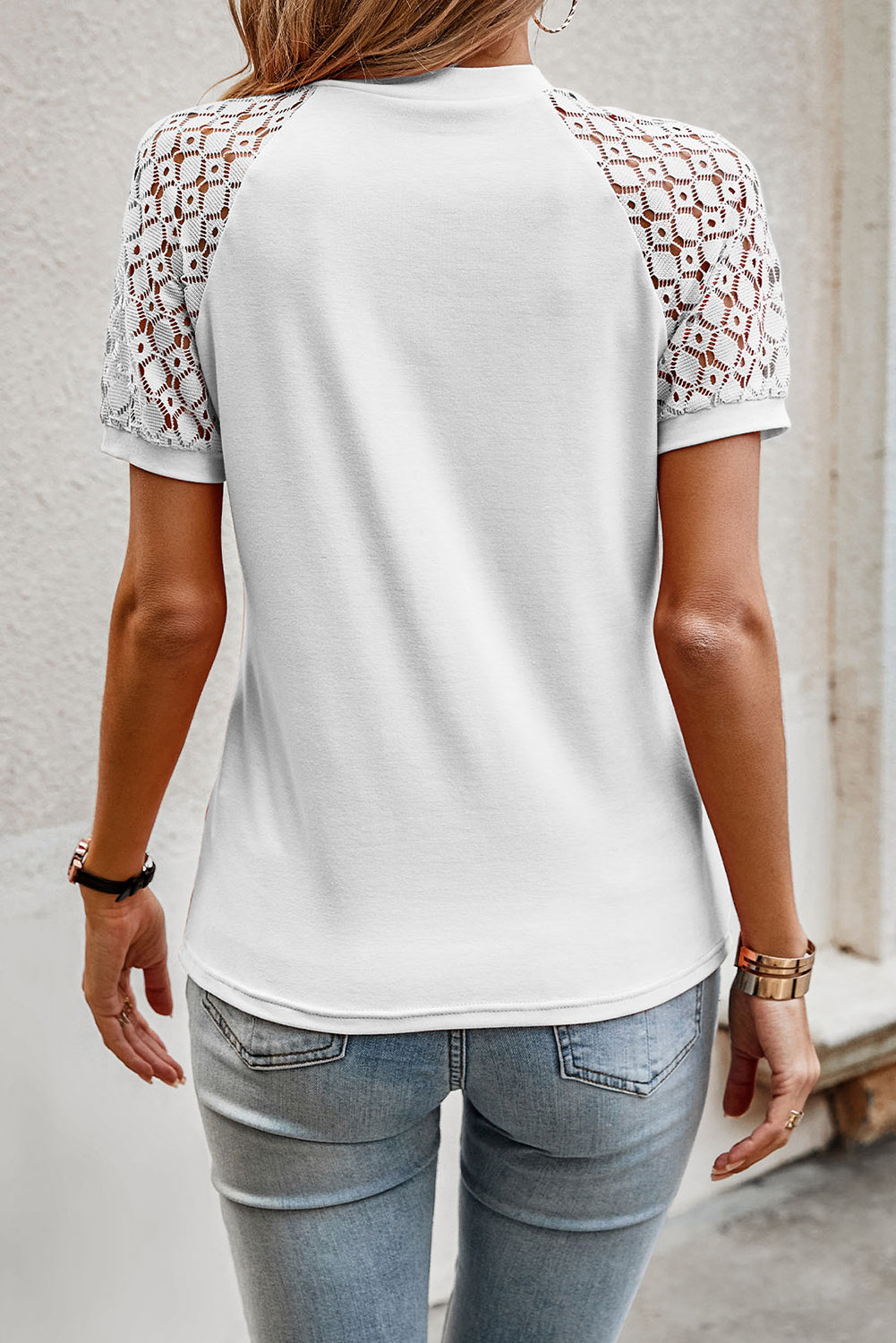 Seamed Detail Contrast Lace Raglan Sleeve Tee